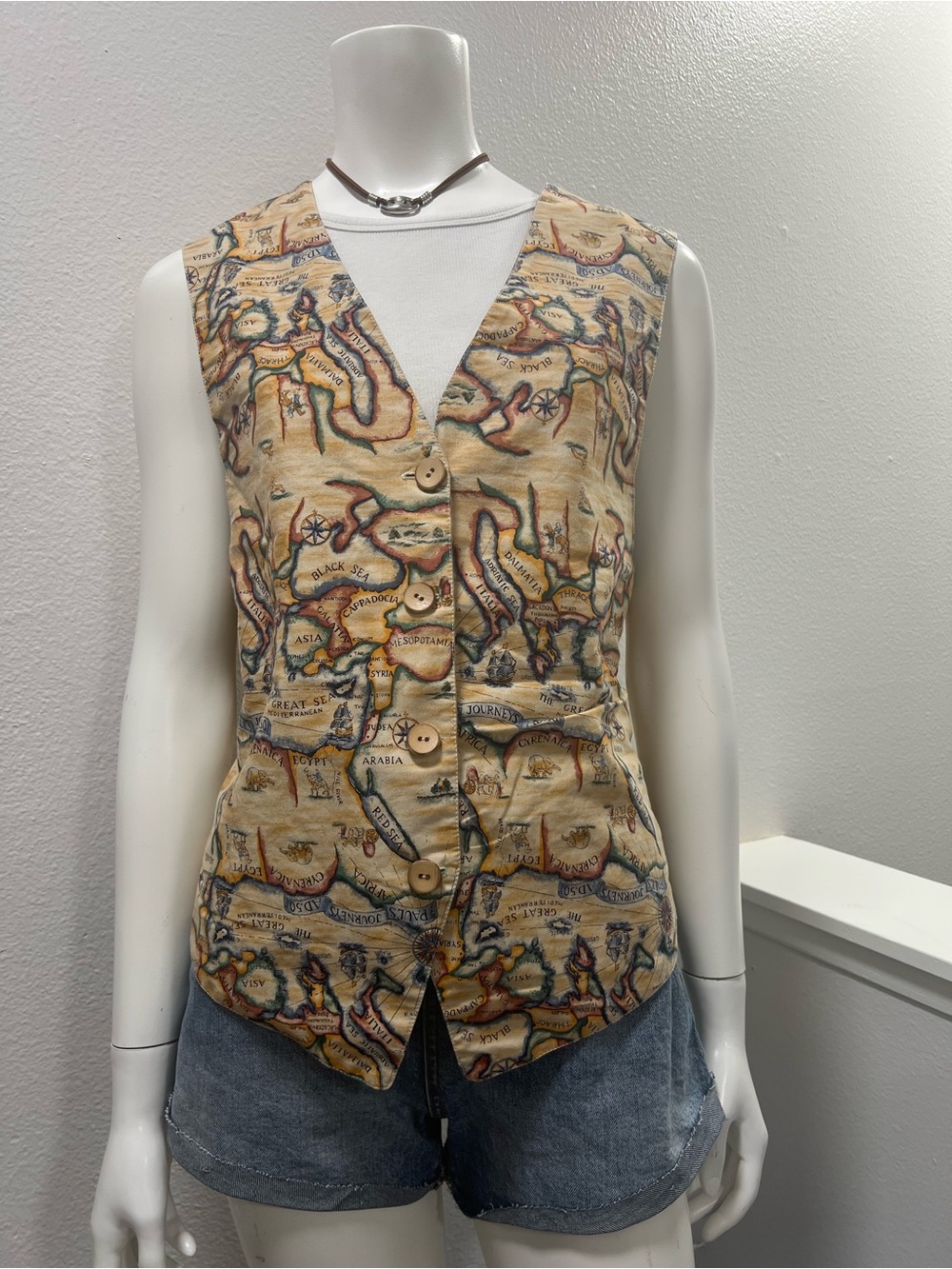 Vintage Gregg Christian Biblical Paul’s Journeys Map Print Button Vest - XL